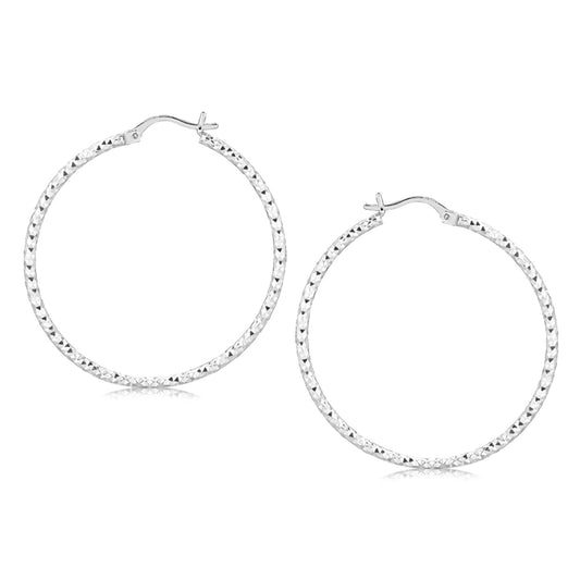 Sterling Silver Rhodium Plated Large Faceted Style Hoop Earrings