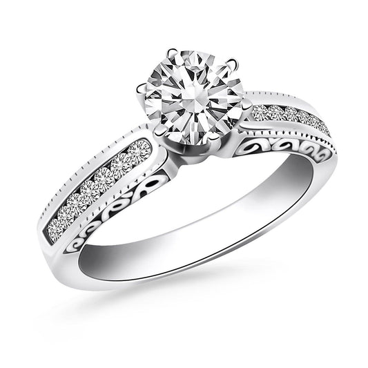 14k White Gold Channel Set Engagement Ring with Engraved Sides freeshipping - Higher Class Elegance