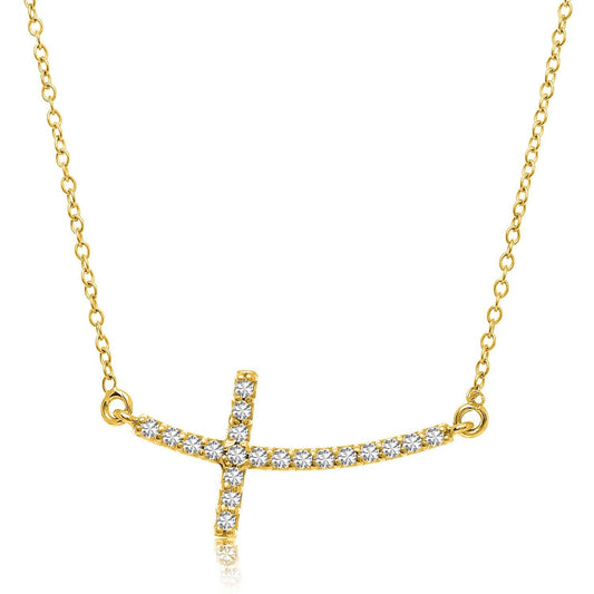 14k Yellow Gold Curved Crucifix Diamond Accented Necklace (.21cttw) freeshipping - Higher Class Elegance