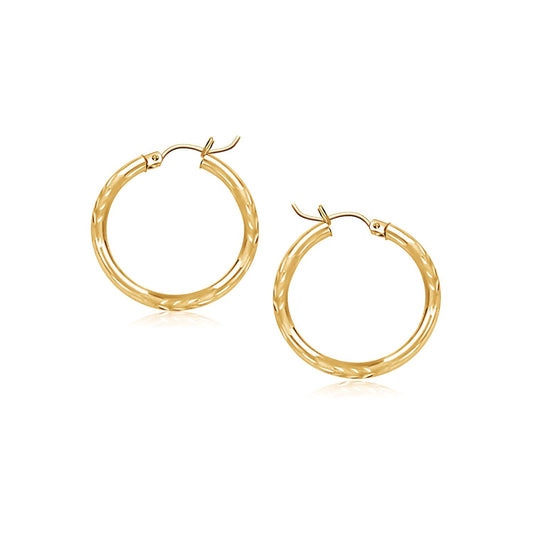 14k Yellow Gold Fancy Diamond Cut Slender Small Hoop Earrings (15mm Diameter)