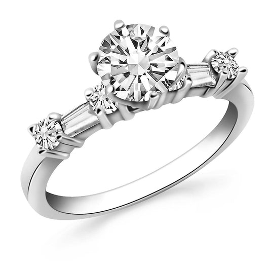 14k White Gold Engagement Ring with Round and Baguette Diamonds freeshipping - Higher Class Elegance