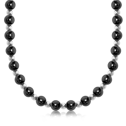 Sterling Silver Rhodium and Ruthenium Plated Polished Bead Motif Necklace freeshipping - Higher Class Elegance