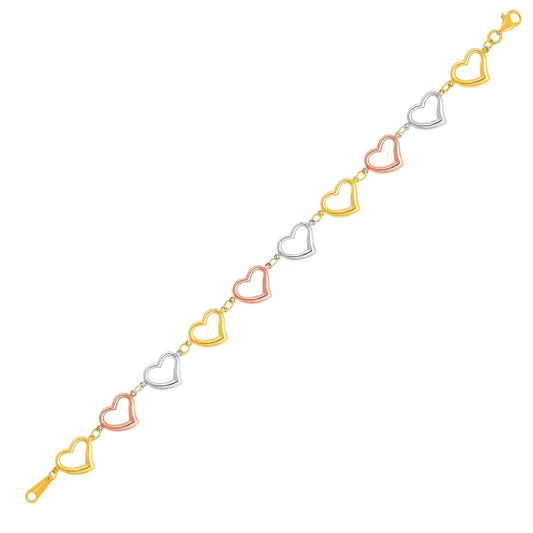 14k Three-Toned Yellow,  White,  and Rose Gold Open Heart Bracelet freeshipping - Higher Class Elegance