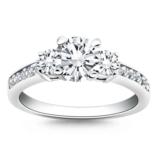 14k White Gold Three Stone Engagement Ring with Diamond Band freeshipping - Higher Class Elegance