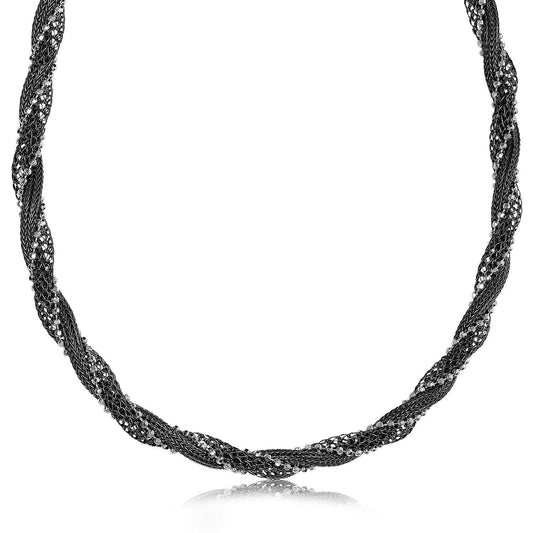 Sterling Silver Rhodium and Ruthenium Plated Bead  Wheat  and Mesh Necklace freeshipping - Higher Class Elegance