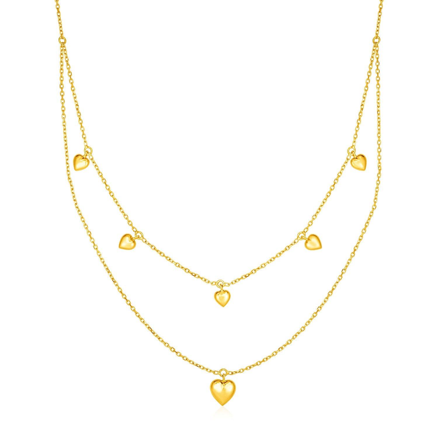 14k Yellow Gold Two Strand Necklace with Puffed Heart Drops freeshipping - Higher Class Elegance
