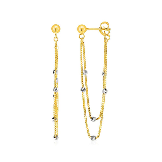 Hanging Chain Post Earrings with Bead Accents in 14k Yellow and White Gold freeshipping - Higher Class Elegance