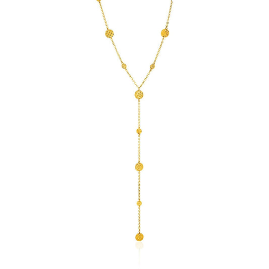 14k Yellow Gold Lariat Necklace with Textured Flat Circles freeshipping - Higher Class Elegance