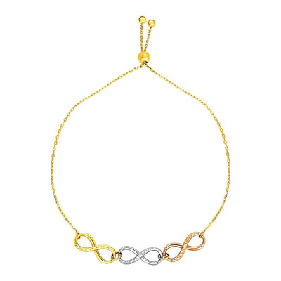 Adjustable Bracelet with Infinity Symbols in 14k Tri Color Gold freeshipping - Higher Class Elegance