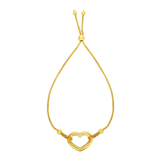 Adjustable Bracelet with Shiny Open Heart in 14k Yellow Gold