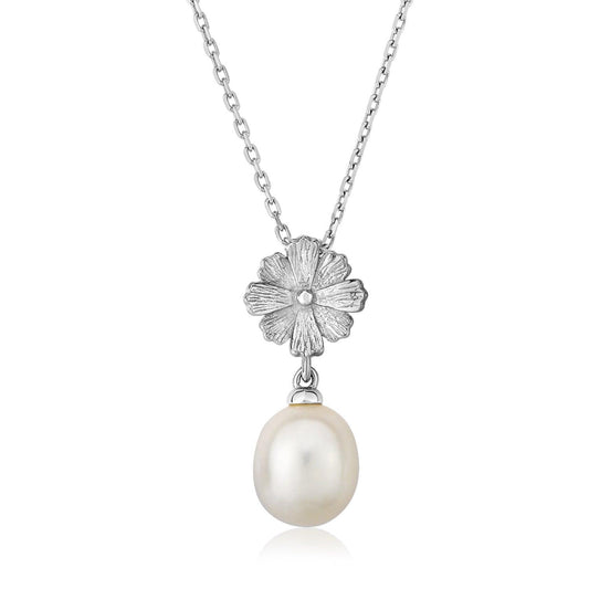 Sterling Silver Pendant with Flower and Freshwater Pearl Drop freeshipping - Higher Class Elegance