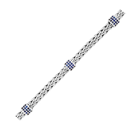 Sterling Silver Woven Bracelet with Blue Sapphire Stations freeshipping - Higher Class Elegance