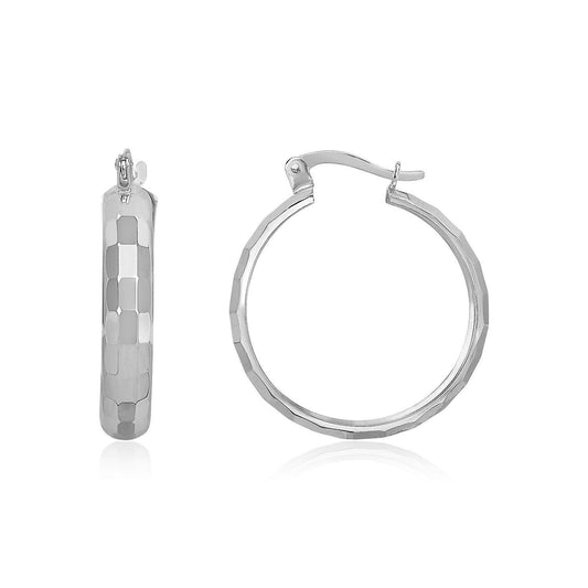 14k White Gold Geometric Textured Hoop Style Earrings freeshipping - Higher Class Elegance