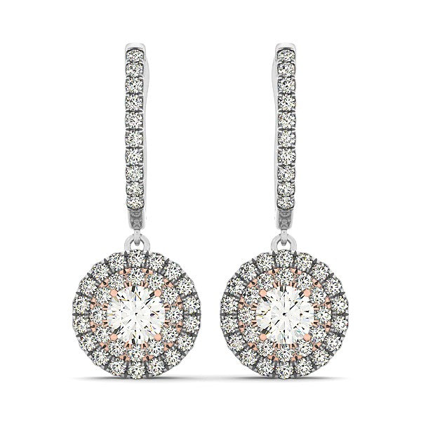 14k White And Rose Gold Drop Diamond Earrings with a Halo Design (3/4 cttw) freeshipping - Higher Class Elegance