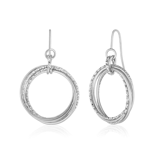 14k White Gold Earrings with Polished and Textured Interlocking Circle Dangles freeshipping - Higher Class Elegance