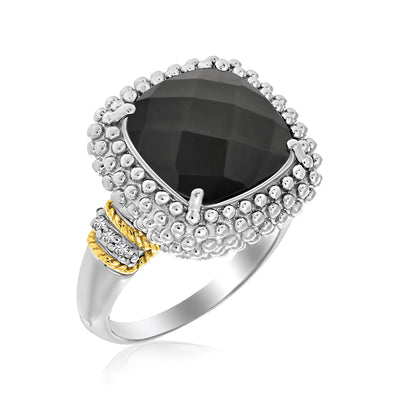 18k Yellow Gold & Sterling Silver Black Onyx and Diamond Popcorn Cushion Ring freeshipping - Higher Class Elegance