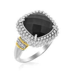 18k Yellow Gold & Sterling Silver Black Onyx and Diamond Popcorn Cushion Ring freeshipping - Higher Class Elegance