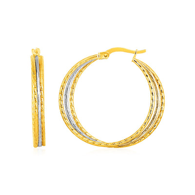 Three Part Textured Hoop Earrings in 14k Yellow and White Gold freeshipping - Higher Class Elegance