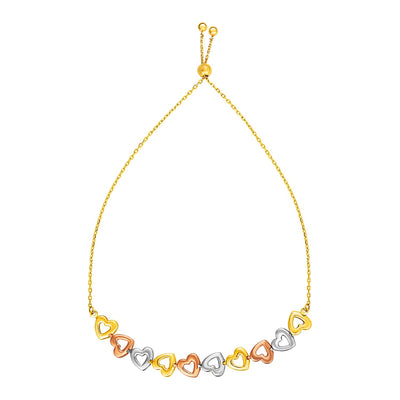 Adjustable Bracelet with Shiny Open Hearts in 14k Tri Color Gold freeshipping - Higher Class Elegance