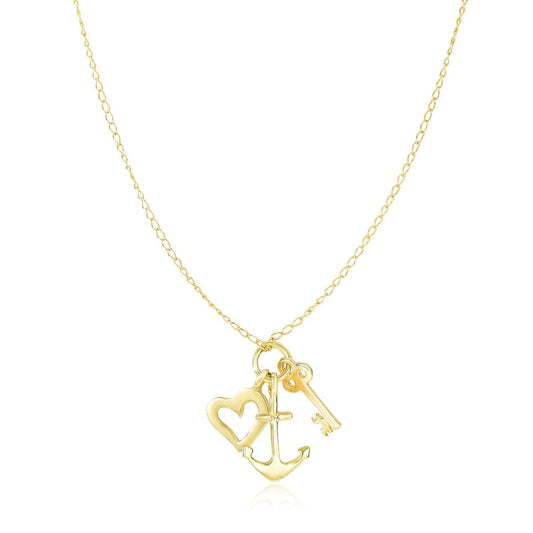 14k Yellow Gold Anchor,  Heart,  and Skeleton Key Cluster Charm Necklace freeshipping - Higher Class Elegance