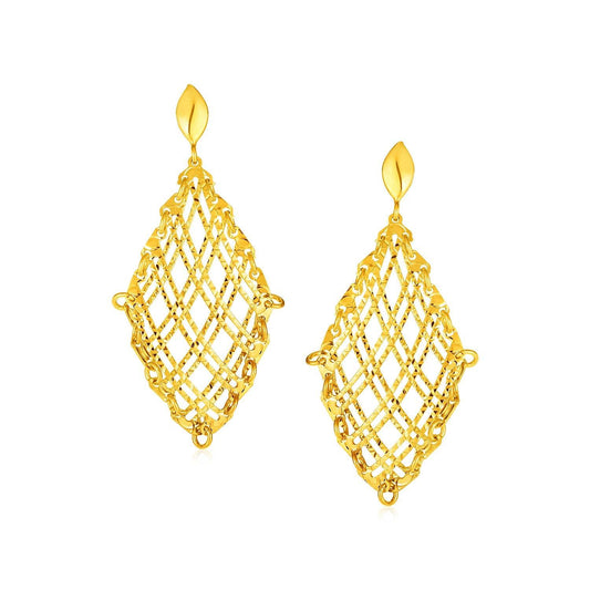 14k Yellow Gold Post Earrings with Open Checkerboard Pattern Dangles freeshipping - Higher Class Elegance
