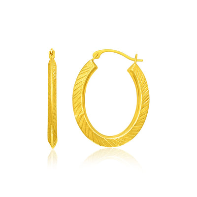 14k Yellow Gold Oval Line Texture Hoop Earrings freeshipping - Higher Class Elegance