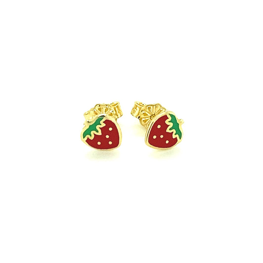 14k Yellow Gold Enameled Strawberry Childrens Earrings