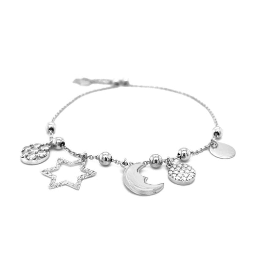 Adjustable Bead Bracelet with Celestial Charms in Sterling Silver freeshipping - Higher Class Elegance