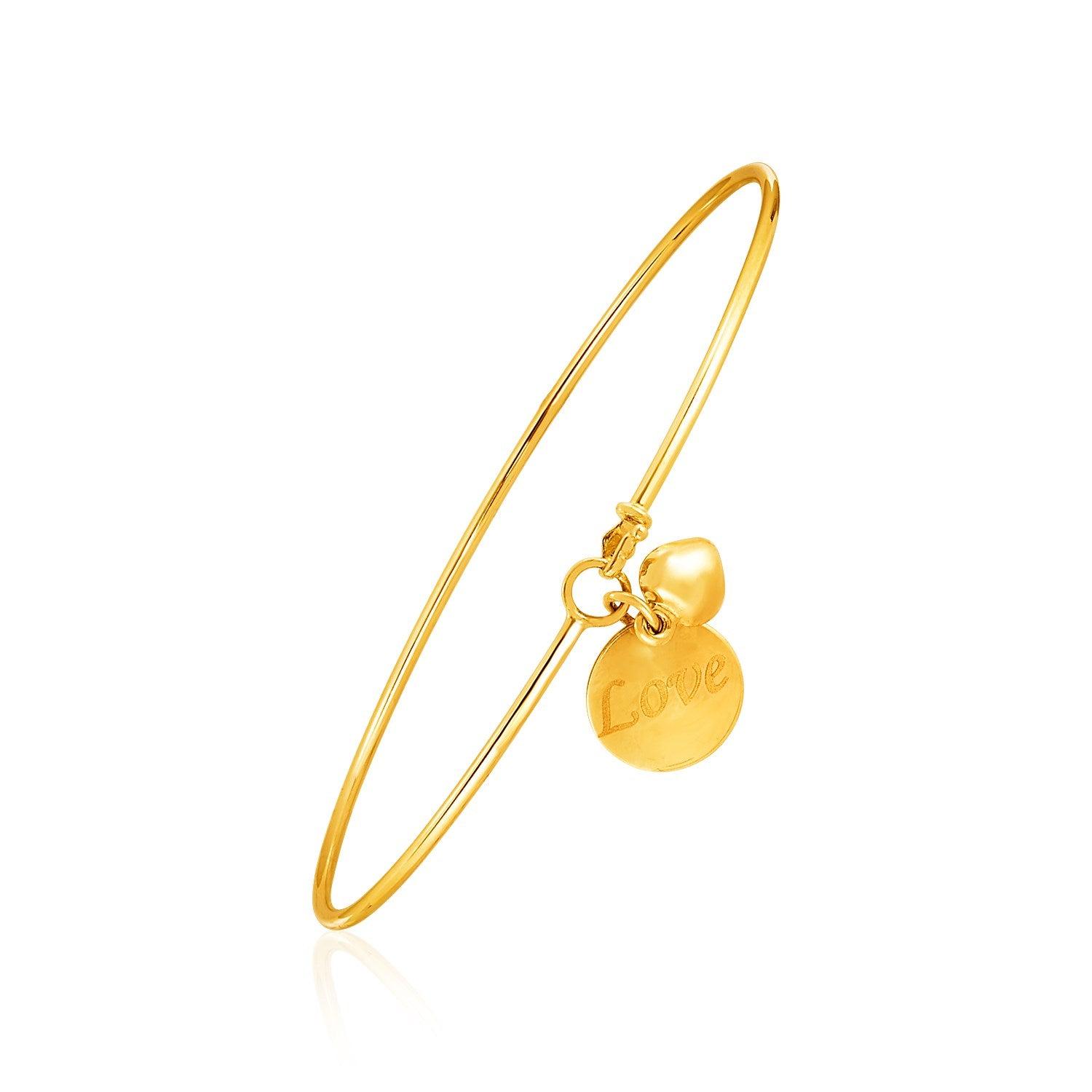 14k Yellow Gold Bangle with Engraved Love and Puffed Heart Charms freeshipping - Higher Class Elegance