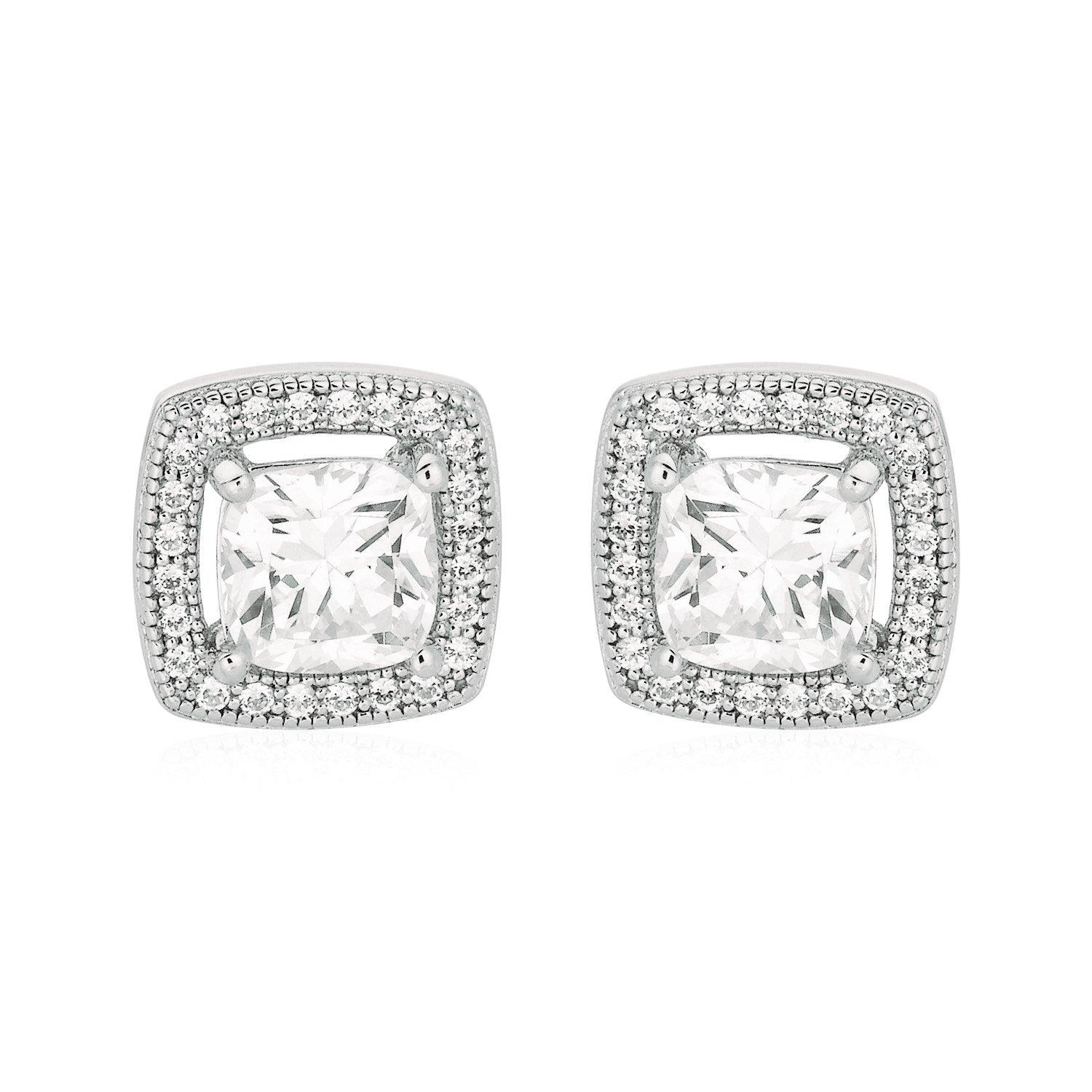 Cushion Earrings with Cubic Zirconia in Sterling Silver freeshipping - Higher Class Elegance