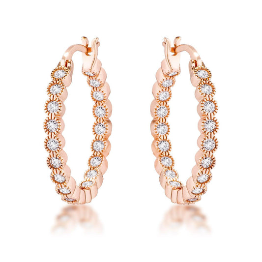 Rose Gold Plated Dotted Clear CZ Round Bezel Hoop Earrings - Higher Class Elegance