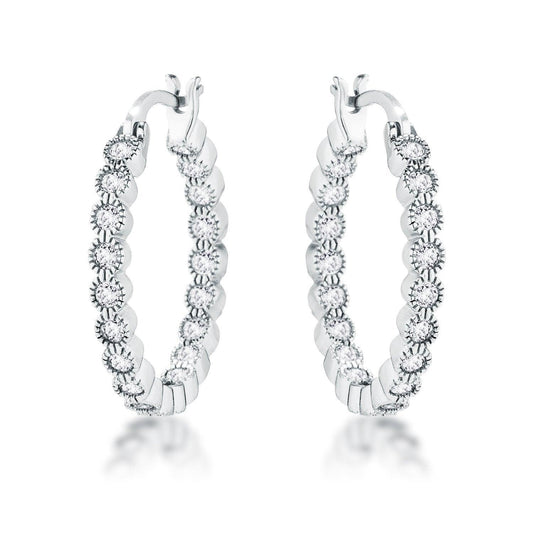 Rhodium Plated Dotted Clear CZ Round Bezel Hoop Earrings freeshipping - Higher Class Elegance