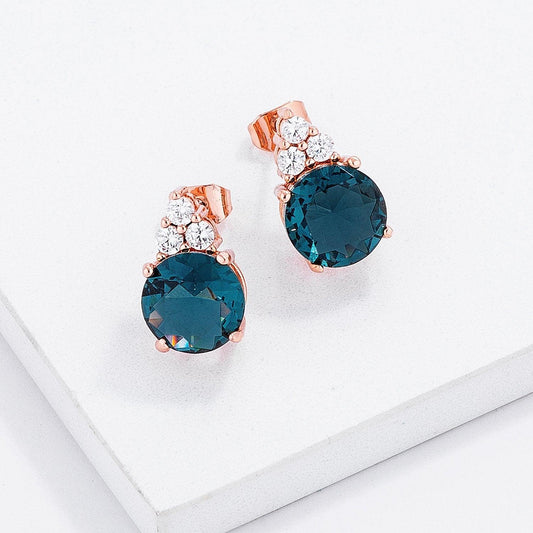 Simple Rose Gold Plated 9mm Blue Green CZ Stud Earring freeshipping - Higher Class Elegance