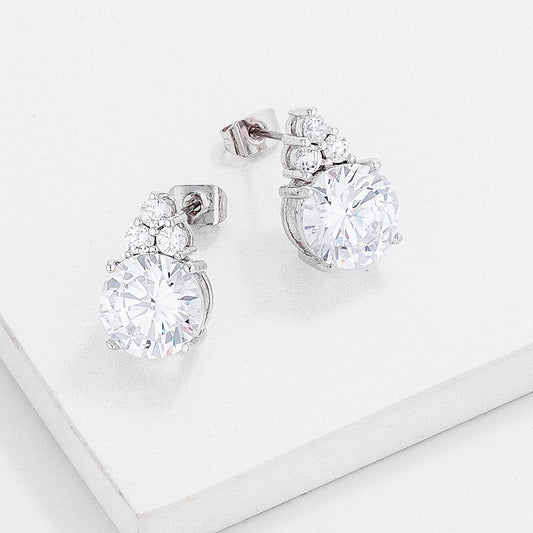 Simple Rhodium Plated 9mm Clear CZ Stud Earring freeshipping - Higher Class Elegance