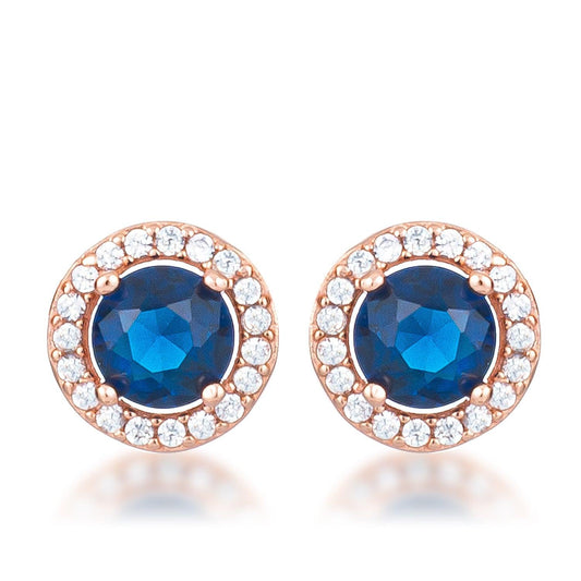 2.3Ct Rose Gold Plated Sapphire Blue CZ Halo Earrings - Higher Class Elegance