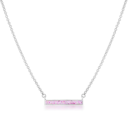 Rhodium Plate Pink Opal Bar Necklace - Higher Class Elegance