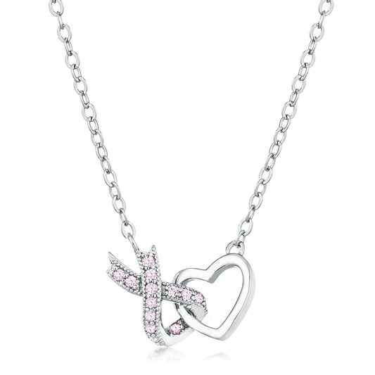 Rhodium Plated Pink CZ Interlocking Heart Ribbon Pendant freeshipping - Higher Class Elegance