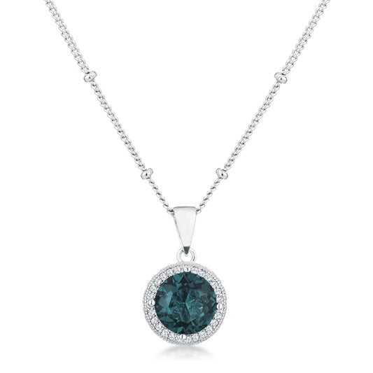 3Ct Rhodium Blue Green CZ Round Halo Satellite Pendant - Higher Class Elegance