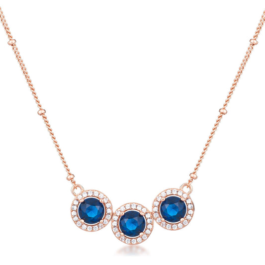 3.1Ct Rose Gold Plated Sapphire Blue Tri-Halo CZ Pendant - Higher Class Elegance