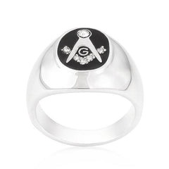 Rhodium Plated Onyx Cubic Zirconia Masonic Ring freeshipping - Higher Class Elegance