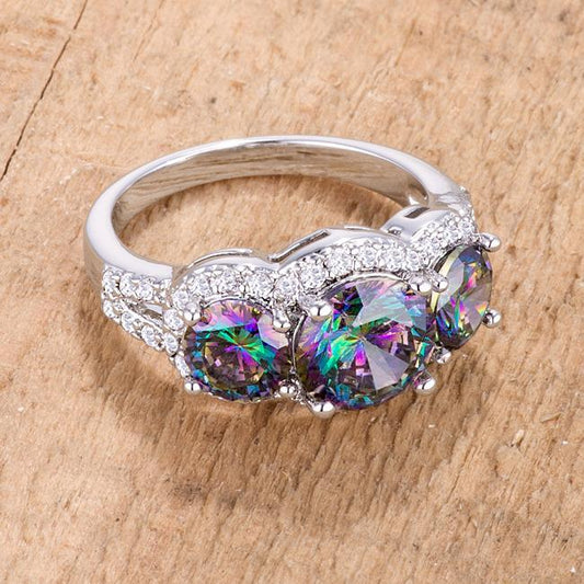 4 Ct Three Stone Rhodium Ring with Mystic and Clear CZ freeshipping - Higher Class Elegance