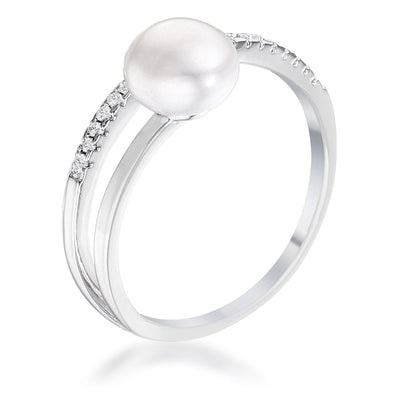 .15Ct Rhodium Plated Freshwater Pearl Ring With CZ Micro Pave Band freeshipping - Higher Class Elegance