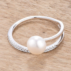 .15Ct Rhodium Plated Freshwater Pearl Ring With CZ Micro Pave Band freeshipping - Higher Class Elegance
