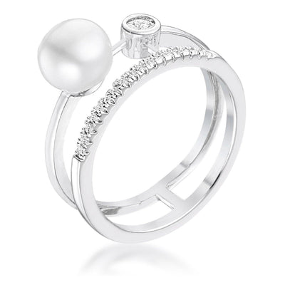 .15Ct Rhodium Plated CZ and Freshwater Pearl Contemporary Double Band Ring freeshipping - Higher Class Elegance