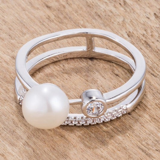 .15Ct Rhodium Plated CZ and Freshwater Pearl Contemporary Double Band Ring freeshipping - Higher Class Elegance