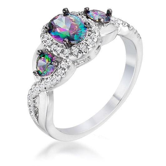 1.43Ct Rhodium & Hematite Plated Mystic & Clear CZ Three Stone Twisted Shank Ring freeshipping - Higher Class Elegance