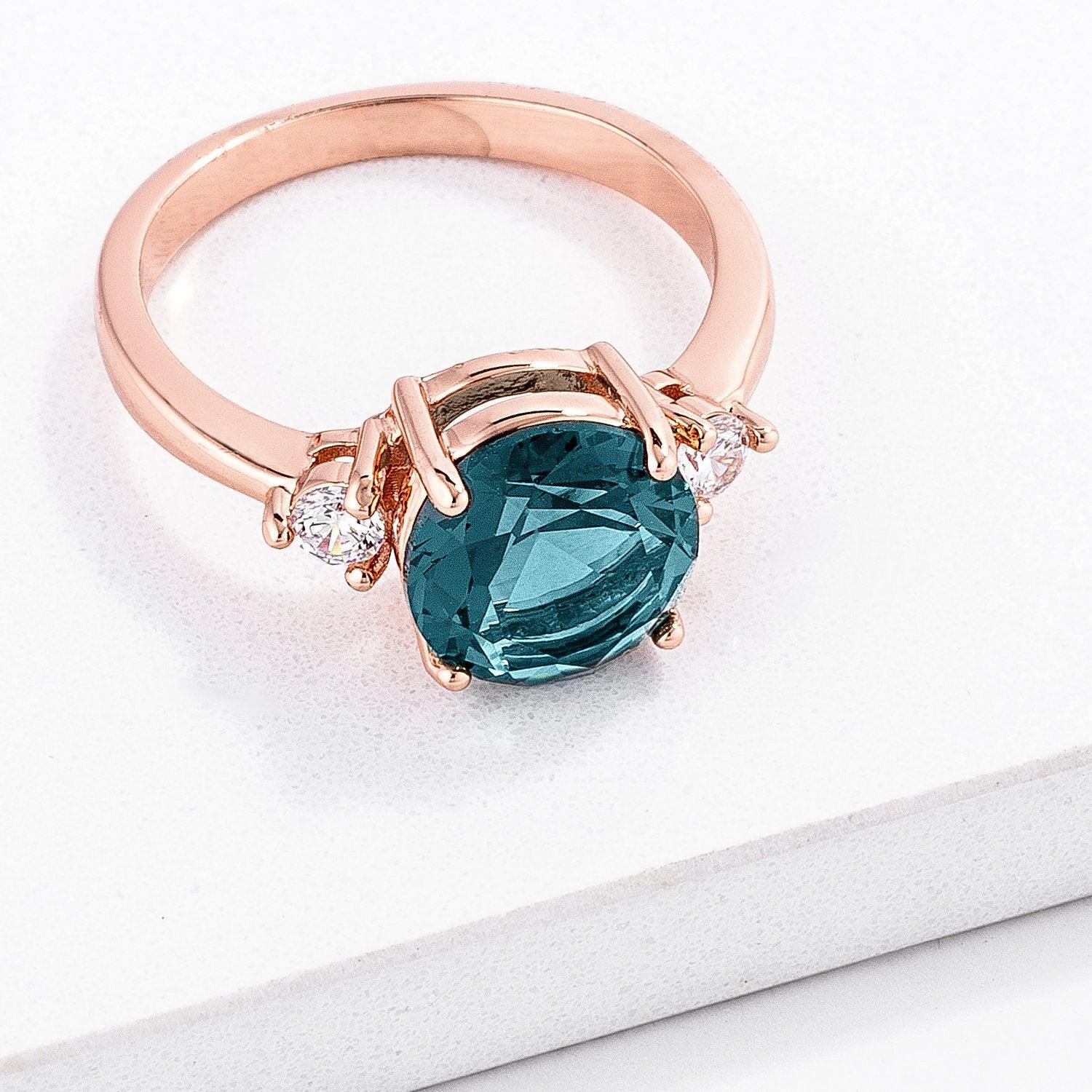 Rose Gold Plated Blue Green Three Stone Engagement Ring freeshipping - Higher Class Elegance