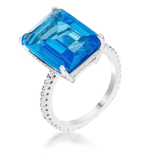 15Ct Rhodium Plated Aqua Blue Emerald Cut Pave Ring freeshipping - Higher Class Elegance