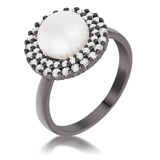 Hematite Double Halo Ethereal Pearl Cocktail Ring freeshipping - Higher Class Elegance