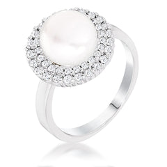 Rhodium Plated Double Halo Ethereal Pearl Cocktail Ring